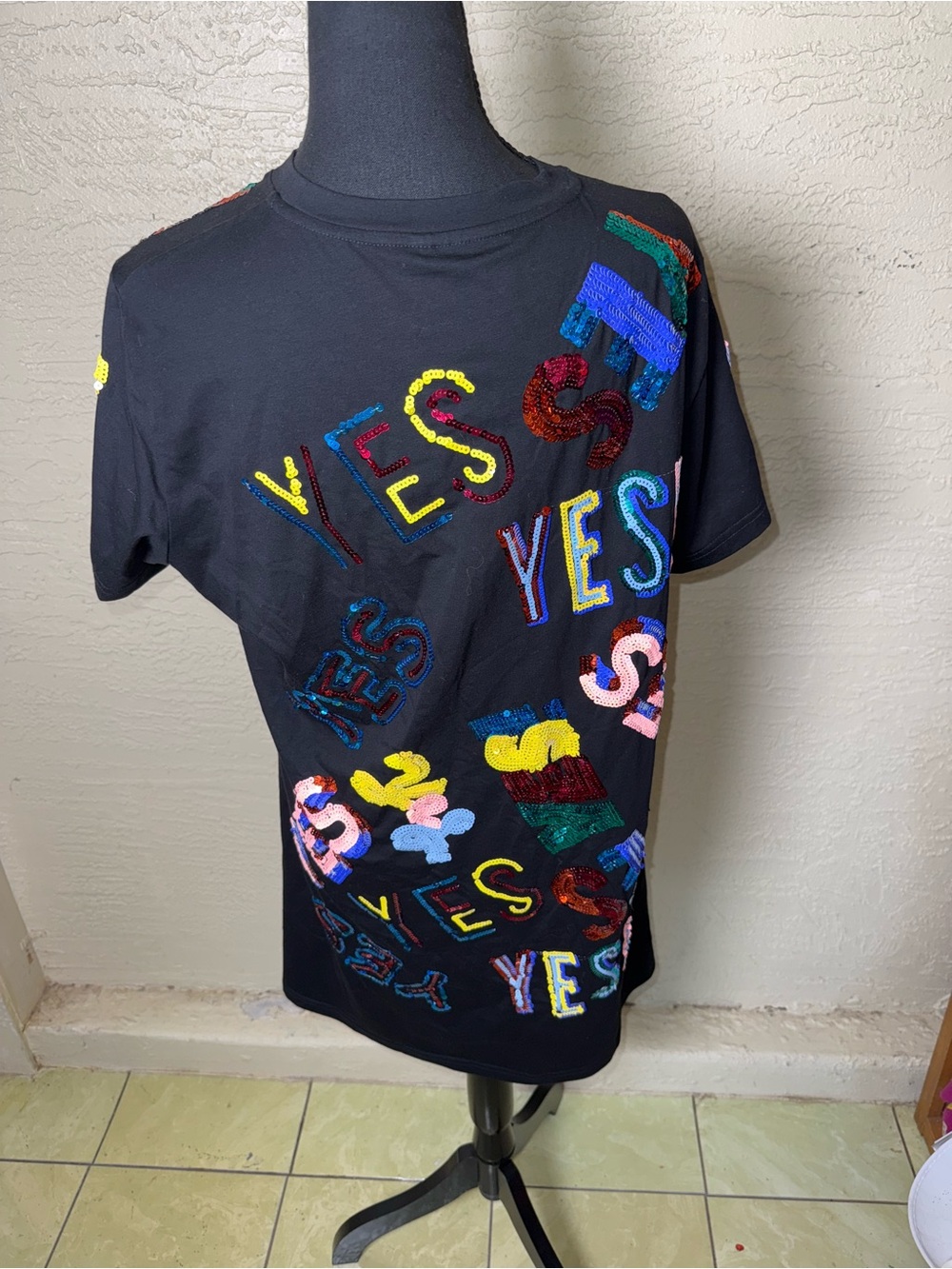 Queen‎ of Sparkles Black “Yes”Sequin T-Shirt Dress Dopamine Dressing Gameday M - Picture 6 of 11